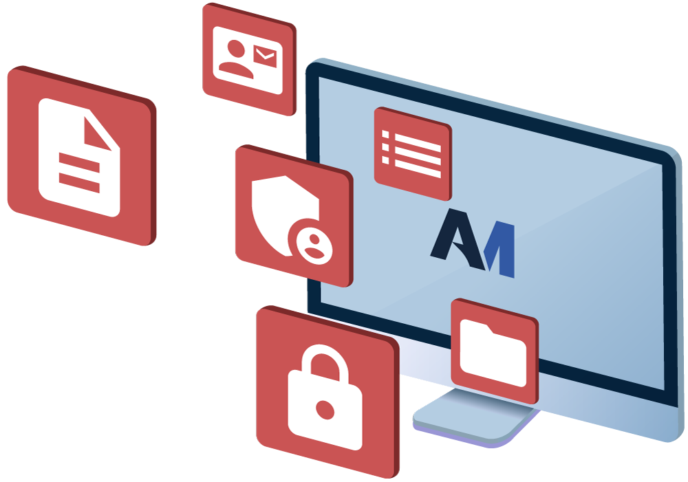 Graphic of computer and icons depicting what the system does